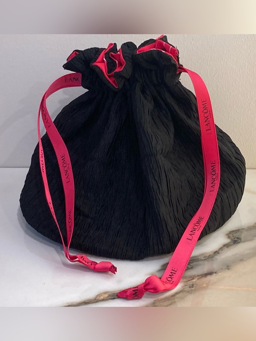 Lancome Black Drawstring Cosmetic Pouch with Pink Ribbon Brand New
